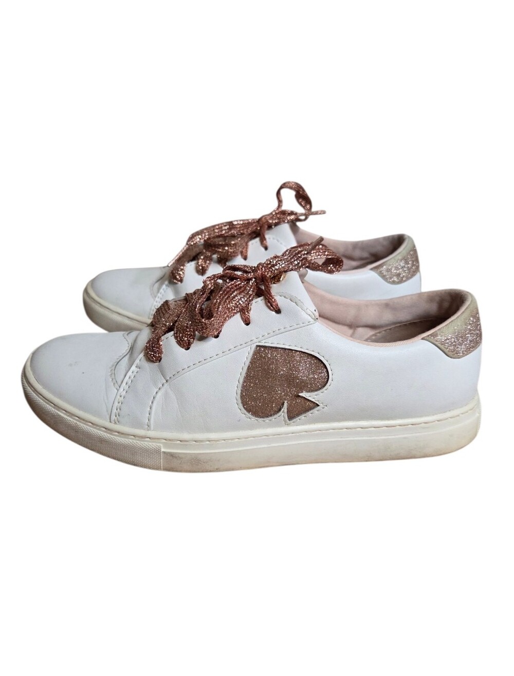 Kate Spade Fez White Leather Rose Gold Glitter Spade Sneakers Womens 7.5B